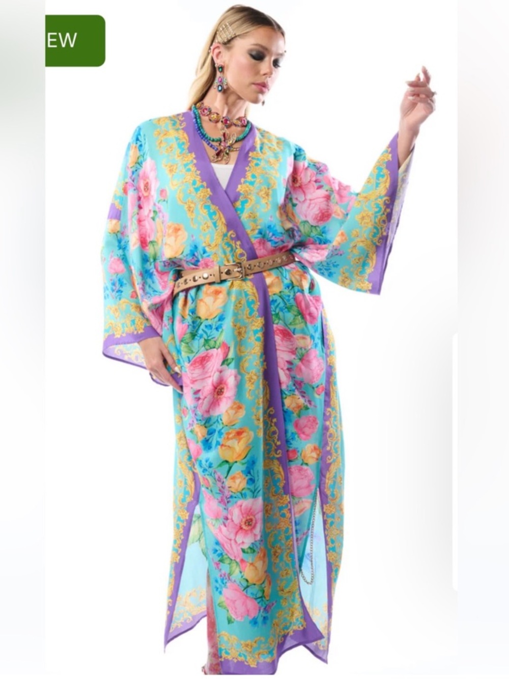 Floral Satin Kimono Robe in Aqua & Pink BLOSSOM MAXI